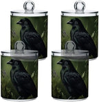 Qtip Cotton Ball Holder Dispenser with Lid, Raven Book Flower Print Plastic Jars Bathroom Canisters Storage Organizer 4 Pack - Image 2