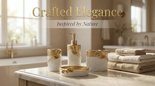 Hymmah Bathroom Accessories Set,Golden Design Toothbrush Holder,Farmhouse Bathroom Decor,4 Pcs Resin Gift Set Apartment Necessities, Contain Toothbrush Cup,Soap Dispenser,Soap Dish,Tumbler - Image 4