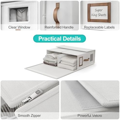 6 Pack Foldable Bed Sheets Set Organizers and Storage(Cal King Size),Linen Fabric Closet Organizers with Window,Folding Bedding Storage Box for Bedsheets and Pillow Cube Organizer-White - Image 5