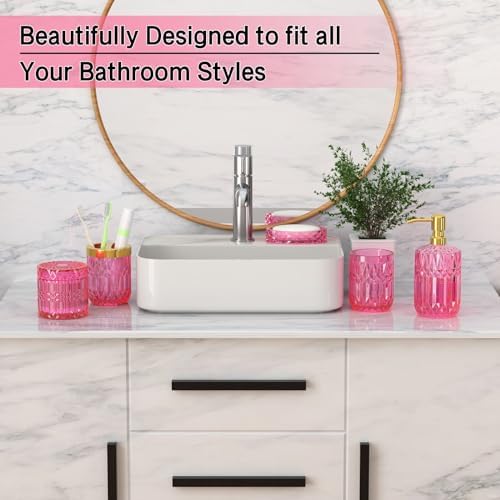 Hot-Pink Glass Bathroom Accessories Set 5 Pcs, Hot-Pink Bathroom Set, Soap Dispenser and Toothbrush Holder Set, Qtip Holder Set, Vintage Bathroom Sink Set, Cute Bathroom Decor - Image 3
