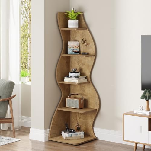 Tribesigns Corner Shelf, Modern 5-Tier Wall Corner Bookshelf, Stylish Corner Small Bookcase Storage Rack Plant Stand with Unique Shape for Living Room, Home Office (Light Brown, 1PC) - Image 4