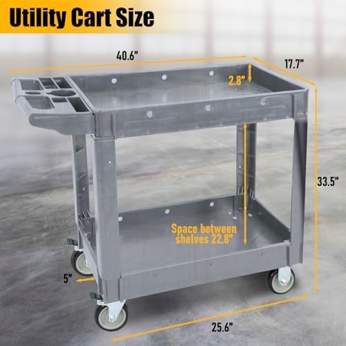 Utility Rolling Tool Cart, 40 x 17-Inch Plastic Rolling Carts, Huge Storage W/Deep 2-Shelf Heavy Duty Service Cart with Wheels, 550 lbs Capacity Organizer for Garage, Warehouse, Workshop - Image 3