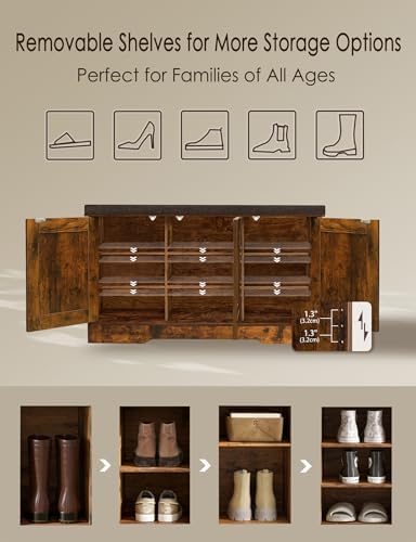 DINZI LVJ Shoe Storage Bench with Cushion, Door, Rustic Brown 39.4"LX21.5"H - Image 3