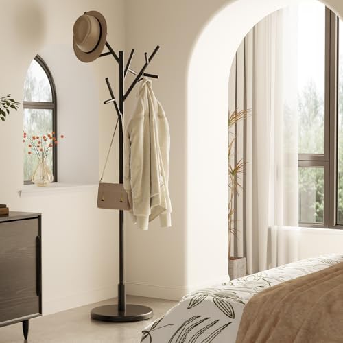 Muwuele Coat Rack, Solid Wood Coat Rack Freestanding with 12 Hooks, Coat tree freestanding 3 Adjustable Heights for coat, Hats, Handbags， Coat Stand for Entryway, Bedroom (Black) - Image 3