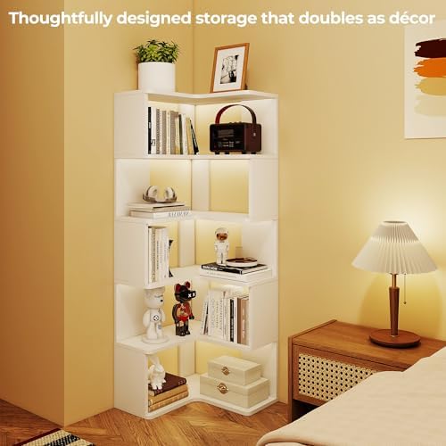 6-Tier L-Shaped Corner Bookshelf, 63" Tall Freestanding Wood Grain Corner Bookcase with Safety Baffle, Space-Saving Corner Shelf Storage for Living Room, Bedroom, Home Office, White - Image 6