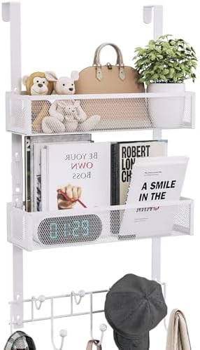 Consumest Over The Door Hooks Organizer - 3 Tier Door Hanger with 9 Coat Hooks & 2 Mesh Basket, Back Storage Organizer Hanging Towels for Bathroom, Bedroom, White by Consumest