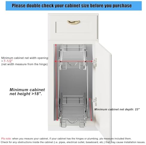 DINDON Pull Out Cabinet Organizer (7-1/2" W x 21-1/2"D), Cabinet Pull Out Shelves, 2 Tier Pull Out Drawers for Kitchen Cabinets, Wire Basket Slide Out Shelf for Cabinet Organization - Image 3