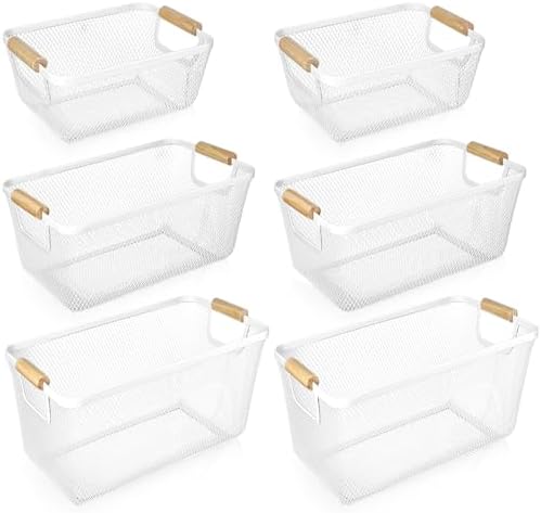 Maxcheck 6 Pack 3 Size Metal Wire Baskets with Wood Handles, Cream White by Maxcheck