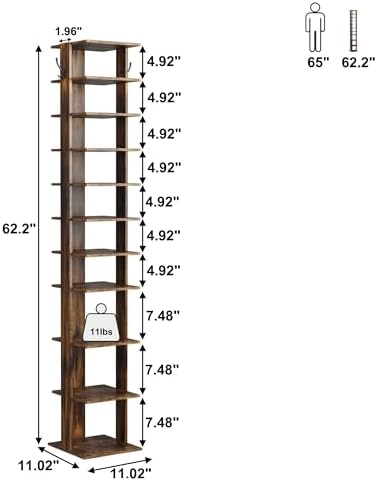 HOMEFORT 10-Tier Vertical Shoe Rack, Corner Shoe Tower, Slim Shoe Organizer with Two Hanging Hooks, Wooden Shoe Storage Stand for Entryway, Hallway, Closet, Rustic Brown - Image 3