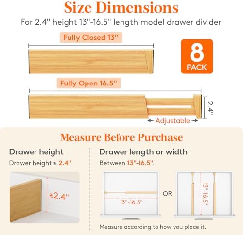 Lifewit 2.4" Kitchen Drawer Dividers, Adjustable Bamboo Drawer Organizers - Image 3