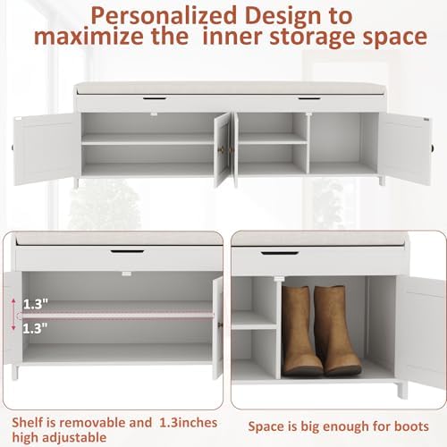 HOMEFORT 54.4" Shoe Bench with Lift Top Storage, Entryway Bench with Cushioned Seat, Wooden End of Bed Bench, Shoe Cabinet Bench with Hidden Storage Space, for Bedroom, Hallway,White - Image 6