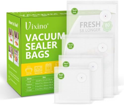Vixino Vacuum Sealer Bags, 80 Reusable Vacuum Sealer Bags for Food, BPA-Free, Meal Prep and Sous Vide Cooking,Works for Handheld Sealer and Vac Sealer Machine with External Vacuum Systems by VIXINO