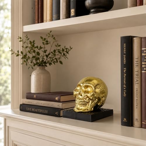 Skull Book Ends, Decorative Bookends for Shelves, Vintage Style Skull Bookend Design Resin Skeleton Human Head Statue Halloween Décor (Gold) - Image 7