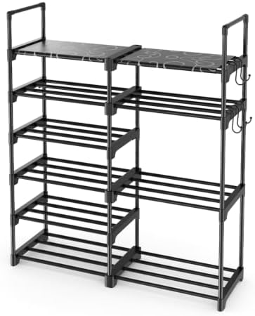 ROJASOP Shoe Rack Organizer, 6-Tier Metal Shoe Rack for Closet Entryway Garage, 20-24 Pairs Tall Shoe Boot Storage Shelf with Hooks, Stackable Large Shoe Stand, Black by ROJASOP