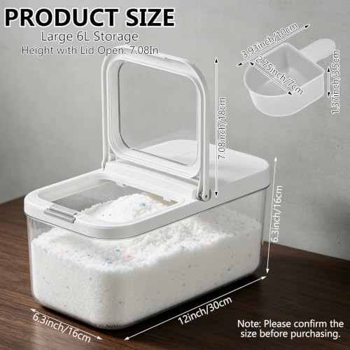6L Laundry Detergent Dispenser with One-Press Lid & Measuring Spoon Tall Slim Laundry Powder Container for Laundry Room Organization Large Airtight Dishwasher Pod Holder for Storage Pod Bead Powder - Image 2