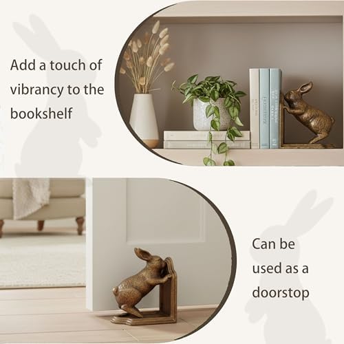 Decorative Bookends Antique Gold Bunny Book Ends, Heavy Duty Cast Iron Book Ends for Shelves,Unique bookends for Heavy Books, Vintage Decor 5.3 lbs - Image 3