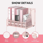 5 Vertical Compartments Magazine File Holder, Metal Binder Organizer, Pink - Image 3