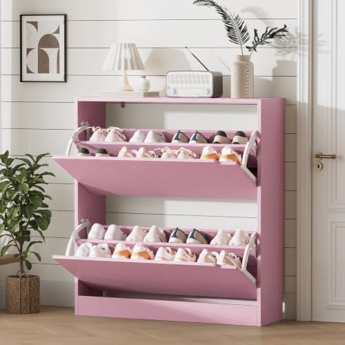 Xixini Shoe Storage Cabinet for Entryway with 2 Flip Drawers, Wood Freestanding Hidden Shoe Storage, Narrow Slim Sturdy Shoe Organizer for Front Door Entrance, Living Room, Hallway, Bedroom, Pink by Xixini