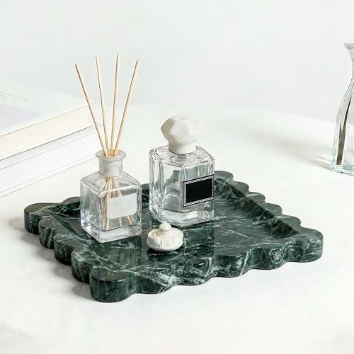 Scalloped Square Marble Decorative Tray, Natural Stone Vanity & Jewelry Tray, Trinket Organizer for Ring, Key, Dresser, Nightstand, Bathroom Counter & Kitchen Sink(Verde Alpi Green) - Image 3