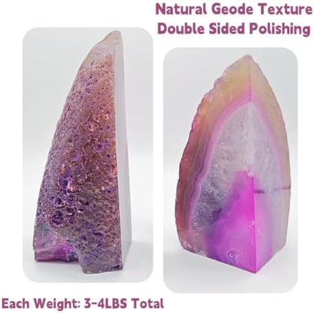 Agate Bookends Pair - Natural Geode Style, Dyed Pink 3-4 lbs Heavy Duty with Rubber Bumpers | Non-Slip Crystal Bookends for Heavy Books | Unique Home Decor - Image 2