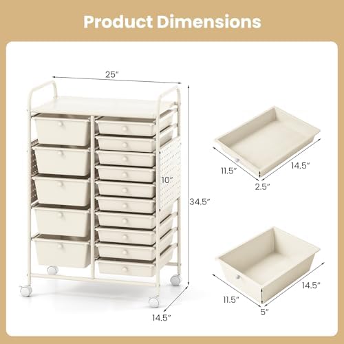 Giantex 15 Drawer Storage Cart, Rolling Craft Cart with Metal Tabletop & Pegboard, Mobile Utility Organizer Trolley with Locking Wheels, Home Office, Classroom, Teacher Supplies, Ivory - Image 3