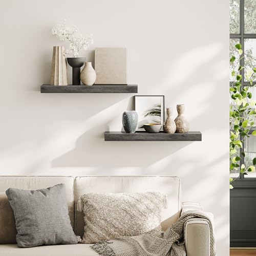 HOOBRO Floating Shelves for Wall, Wall Mounted Shelf Set of 2, 23.6" Hanging Shelf with Invisible Brackets, for Wall Decor Storage in Bathroom Bedroom Kitchen Livingroom Office, Charcoal Gray BC60BJ01 - Image 2