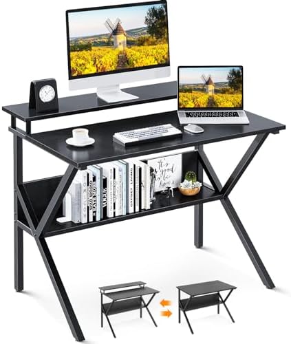ODK 27.5 Inch Small Desk with Storage & Monitor Stand, Black by ODK