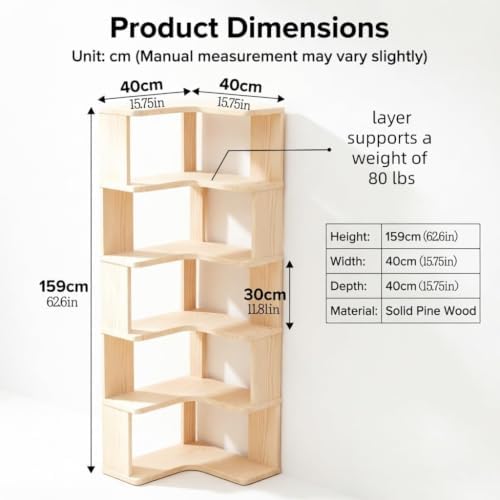 5-Tier Corner Bookshelf with Storage, Solid Wood L-Shaped Corner Shelf - Image 2
