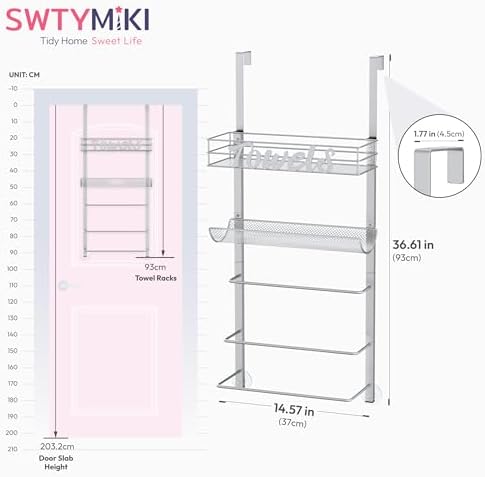 SWTYMIKI Over the Door Towel Racks for Bathroom - 5-Tier Wall Mounted Bathroom Towel Storage Organizer Holder with Metal Shelf, Sliver - Image 7