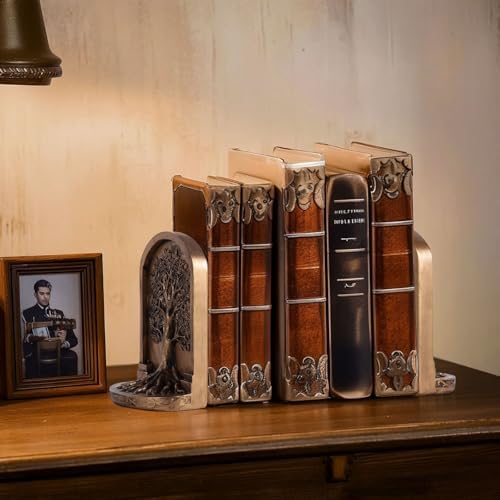 Large Vintage Bronze Finish Tree of Life Bookends Set, 2 Non-Skid Heavy Bookends for Shelves or Bookcase, Decorative Bookends for Desktop Shelf Decor, Library Office Decor, Home Décor Gift - Image 6