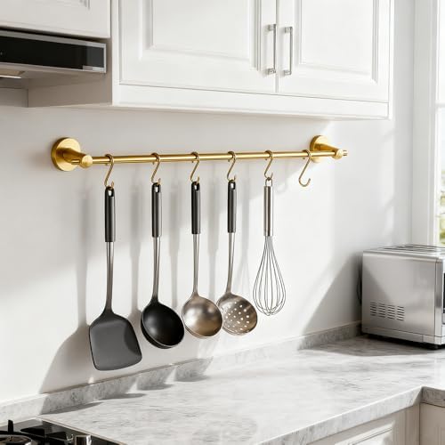 NEWRAIN Pot Rack Wall Mounted, 21 inch Hanging Pot and Pan Hanger, Stainless Steel Kitchen Rail Coffee Mug Rack with 10 S Hooks,Brushed Gold - Image 2