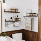 Wood Floating Shelves Wall Mounted - 3+1 Tier Rustic Bathroom Shelves Over Toilet with Wire Storage Basket &Towel Bar, Set of 3 Farmhouse Floating Shelf for Bathroom,Kitchen,Bedroom,Dark Brown. - Image 2