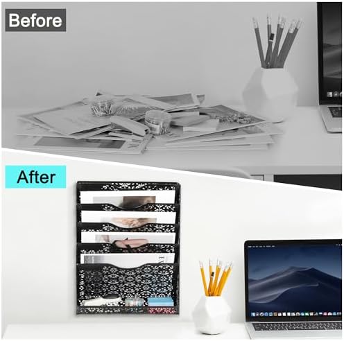 EasyPAG Desk File Organizer Heavy Duty Metal Wall Mount File Holder 5 Tier Mail Paper Folder Holder with Bottom Tray for Office Home Cubicle Countertop, Black - Image 7