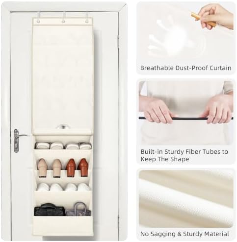 STORAGE MANIAC Over Door Shoe Organizer with Curtain Dustproof Heavy-Duty Large Deep Pocket Hanging Shoe Organizer for Closet Dorm & Narrow Door Storage Shoe Holder Shoe Rack, 9-Shelf Off White 1 Pack - Image 4
