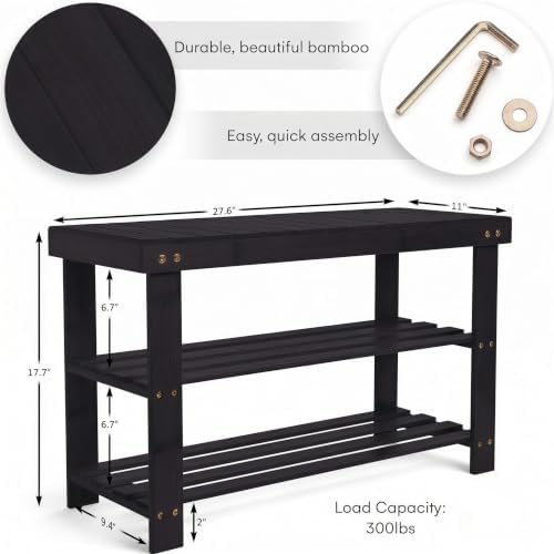 Purawood Bamboo 3 Tier Shoe Rack Bench, Premium Shoe Organizer - Image 3