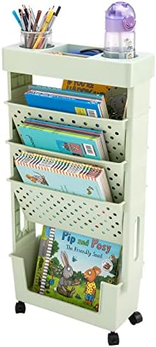 Rolling Office Paper Organizer, Mobile Book Cart Document Folder File Storage with Pen Holder, Slim Rolling Storage Cart Movable Bookshelf for Office, Dorm, Classroom, Nursery, Green by CINPIUK