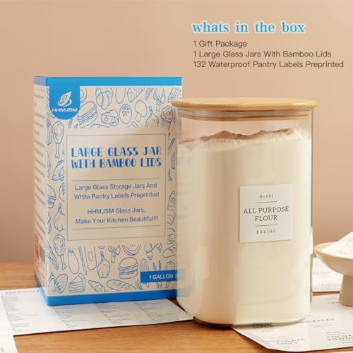 HHMJSM Large glass flour and sugar containers with 132 Kitchen Pantry Labels - 138 FL OZ Glass Food Storage Containers with Airtight Lids - Square Glass Jars Rice with Bamboo Lids - Image 2