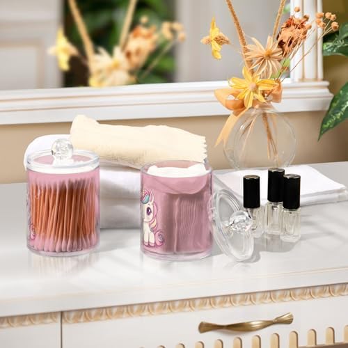 Fustylead 4 Pack Cute Cartoon Pink Unicorn Plastic Apothecary Jars with Lid, Bathroom Vanity Storage Organizer Canister for Qtip, Cotton Ball, Swab, Round Pads, Floss - Image 6
