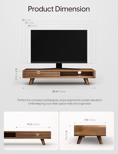 Tinamo 24" Wood Monitor Stand Riser with Sliding Door and Cable Management - Image 2