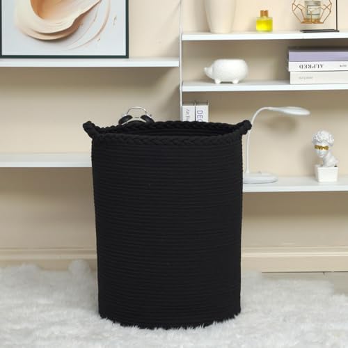 58L Woven Laundry Basket,Cotton Tall Laundry Hamper for Blankets,Clothes,Pillows,Toys,Shoes Large Laundry Bin Black - Image 5