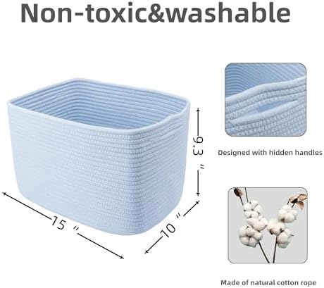 XUANGUO Woven Cotton Rope Storage Baskets 15x10x9.3" 3 Pack Light Blue - Image 2