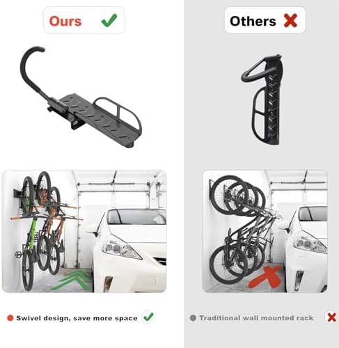 TORACK Wall-mounted Swivel Bike Rack, Garage Vertical Bike Storage Hangers for 5 Bikes Rotating Bike Storage Hooks - Image 6