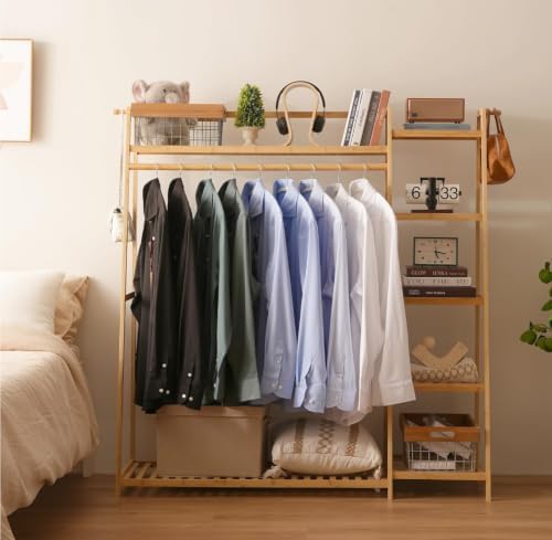 Baveke Standing Clothes Rack with Shelves, Free Standing Closet Garment Racks for Hanging Clothes, 7 Shelf Bamboo Closet Organizer System, Heavy Duty Clothes Hanging Rack for Bedroom, Natural Wood by Baveke
