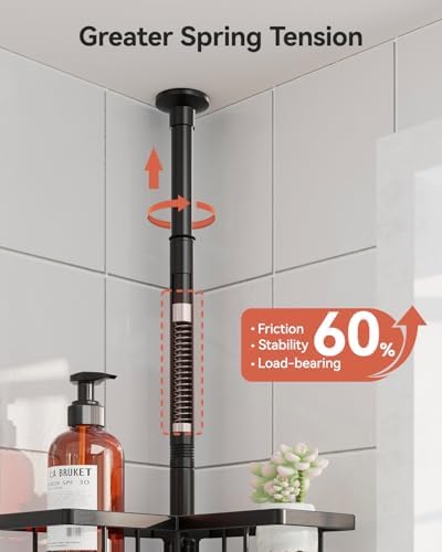 YASONIC Corner Shower Caddy Tension Pole, 25.7-109.1in Adjustable Shower Shelves, Rust-Resistant Shower Organizer, No-Drill 3-Step Installation, Bathroom Shelves for Renters & Family, Black - Image 3