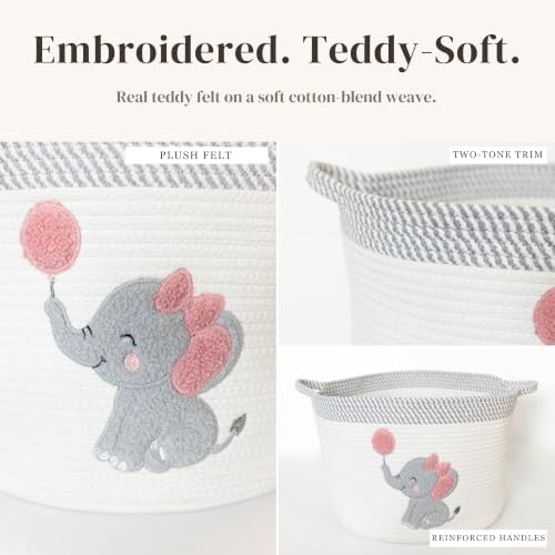 Elephant Baby Storage Basket for Girls, Cotton Rope Nursery Bin, 15x11 in - Image 4