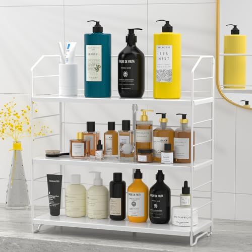 BOIVSHI Bathroom Countertop Organizer, 3-Tier Bathroom Counter Organizer, 8-Levels Height Adjustable, Bathroom Organizer for Kitchen, Livingroom, Office Storage, Metal White by BOIVSHI