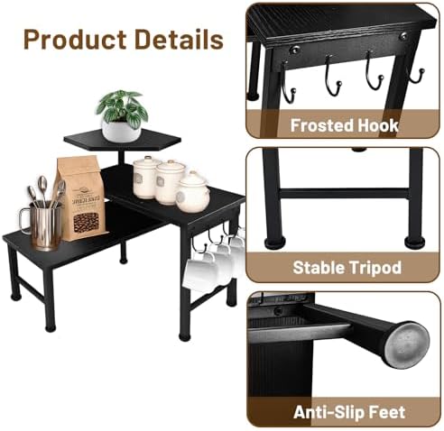 Counter Organizer Shelf, 3 Tier Moveable Black Corner Shelf Organizer with Hook, Counter Shelf for Kitchen Bathroom Spice Rack Coffee Area Over Sink Dresser Table (Black) - Image 5