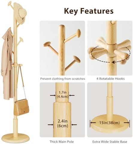 Taitiy Solid Wooden Coat Rack Stand Freestanding Hall Tree with 10 Hooks - Image 4