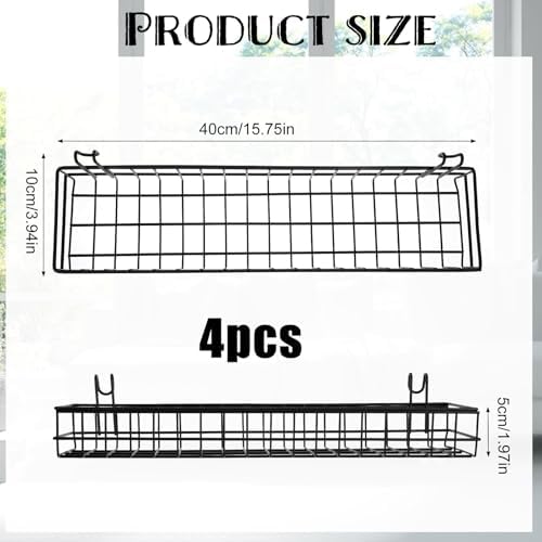 4 Pcs 15.75 x 3.94 x 1.97 Inch Metal Grid Wall Baskets with Hooks Grid Wall Shelves Hanging Wire Basket Multi Function Storage Organizer for Kitchen Organizing Display (Black) - Image 2