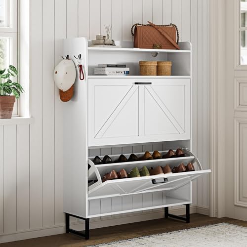 Wodeer White Shoe Storage Cabinet with 2 Flip Drawers, Narrow Wood Shoe Cabinet Storage for Entryway with Metal Legs & Hooks, Adjustable Shelves, Freestanding Shoe Rack Organizer for Foyer, Hallway - Image 3
